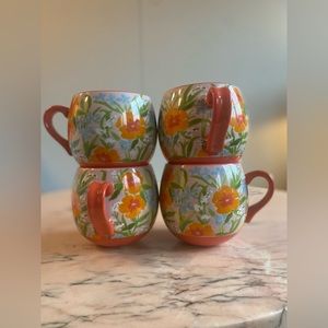 RARE Set of 4 Anthropologie Orange Flowers Mugs by Leah Goren